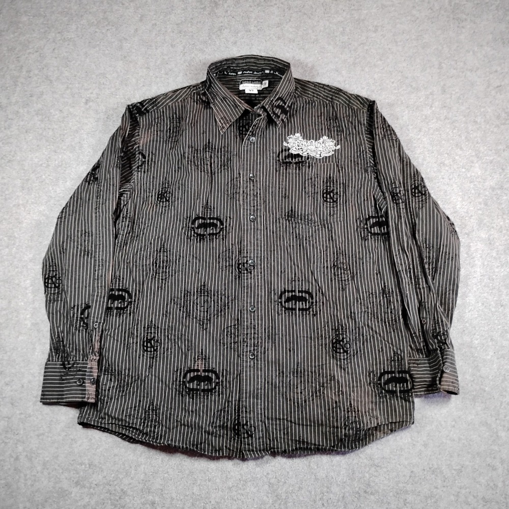 Ecko Unltd Mens XL Black Striped Long Sleeve Button‎ Up Shirt Y2K Streetwear